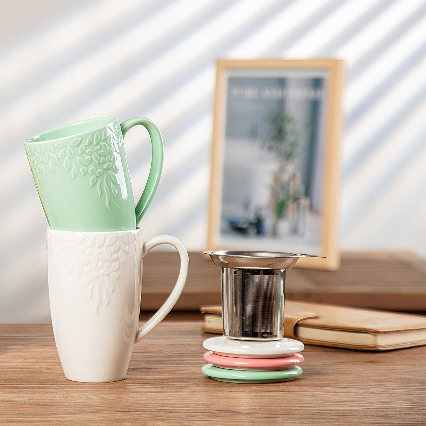 Tea Cups with Infuser and Lid, 16 Ounces Large Tea Infuser Mug, Porcelain Tea Strainer Cup with Tea Bag Holder for Loose Tea, Ceramic Tea Steeping Mug, Light Green Leaf