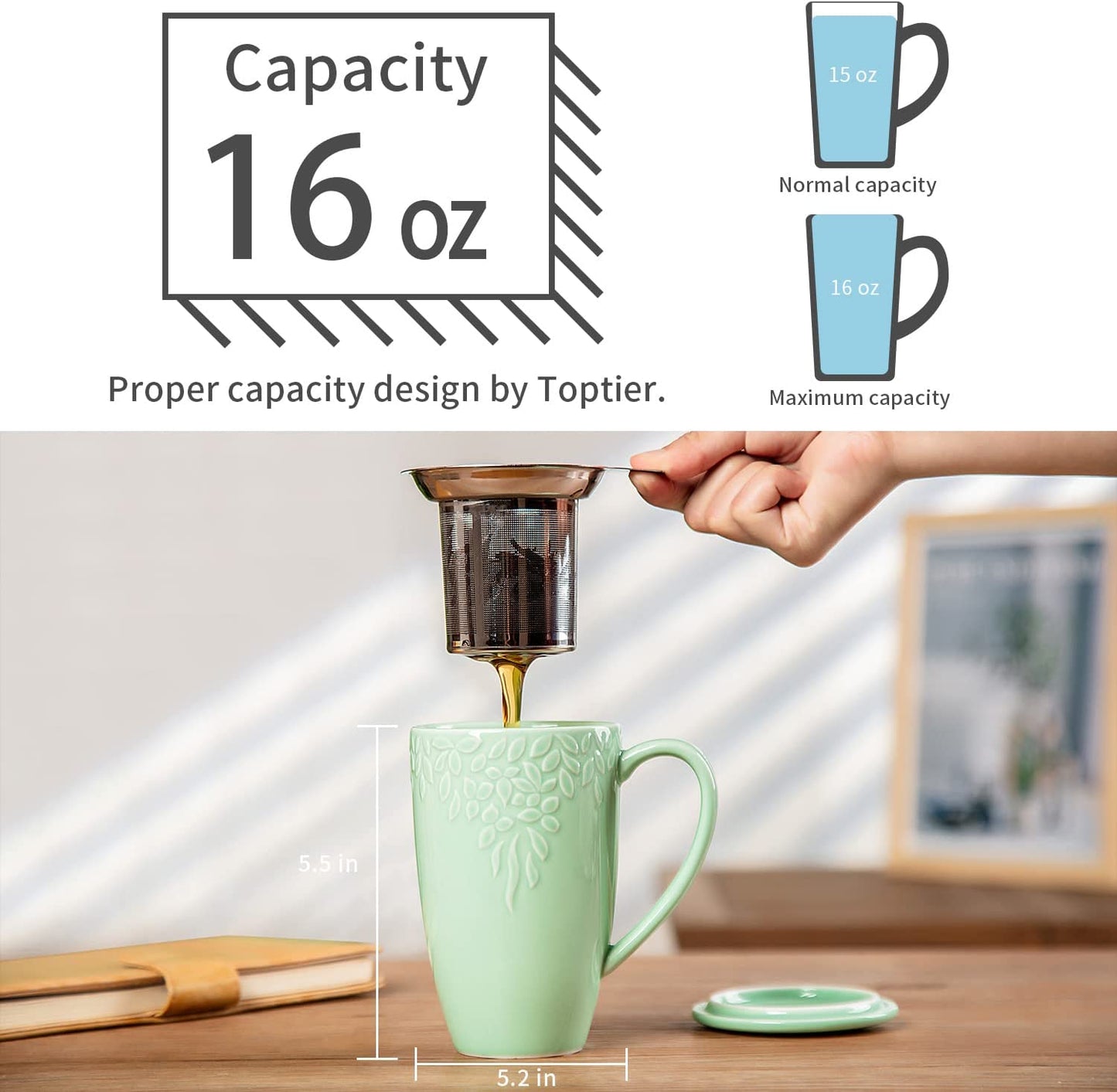 Tea Cups with Infuser and Lid, 16 Ounces Large Tea Infuser Mug, Porcelain Tea Strainer Cup with Tea Bag Holder for Loose Tea, Ceramic Tea Steeping Mug, Light Green Leaf