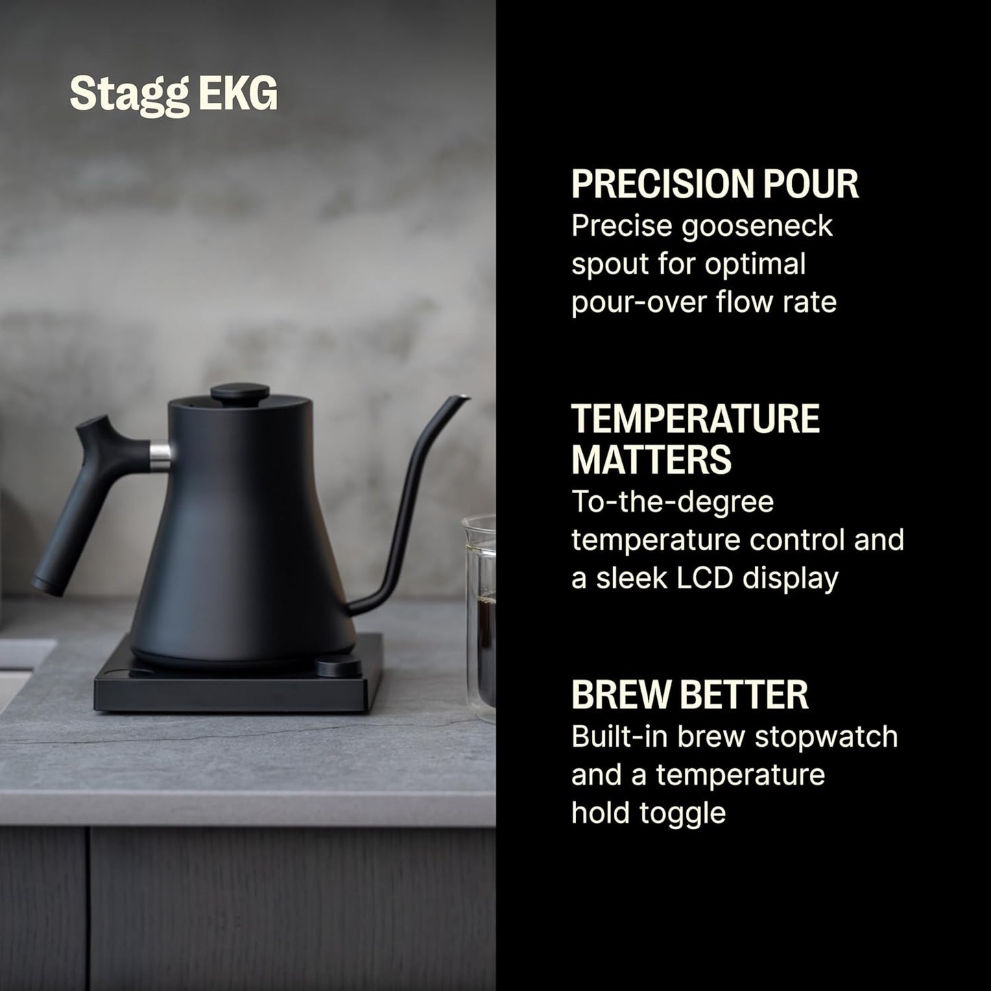 Stagg EKG Electric Gooseneck Kettle - Pour-Over Coffee and Tea Kettle - Stainless Steel Kettle Water Boiler - Quick Heating Electric Kettles for Boiling Water - Matte Black