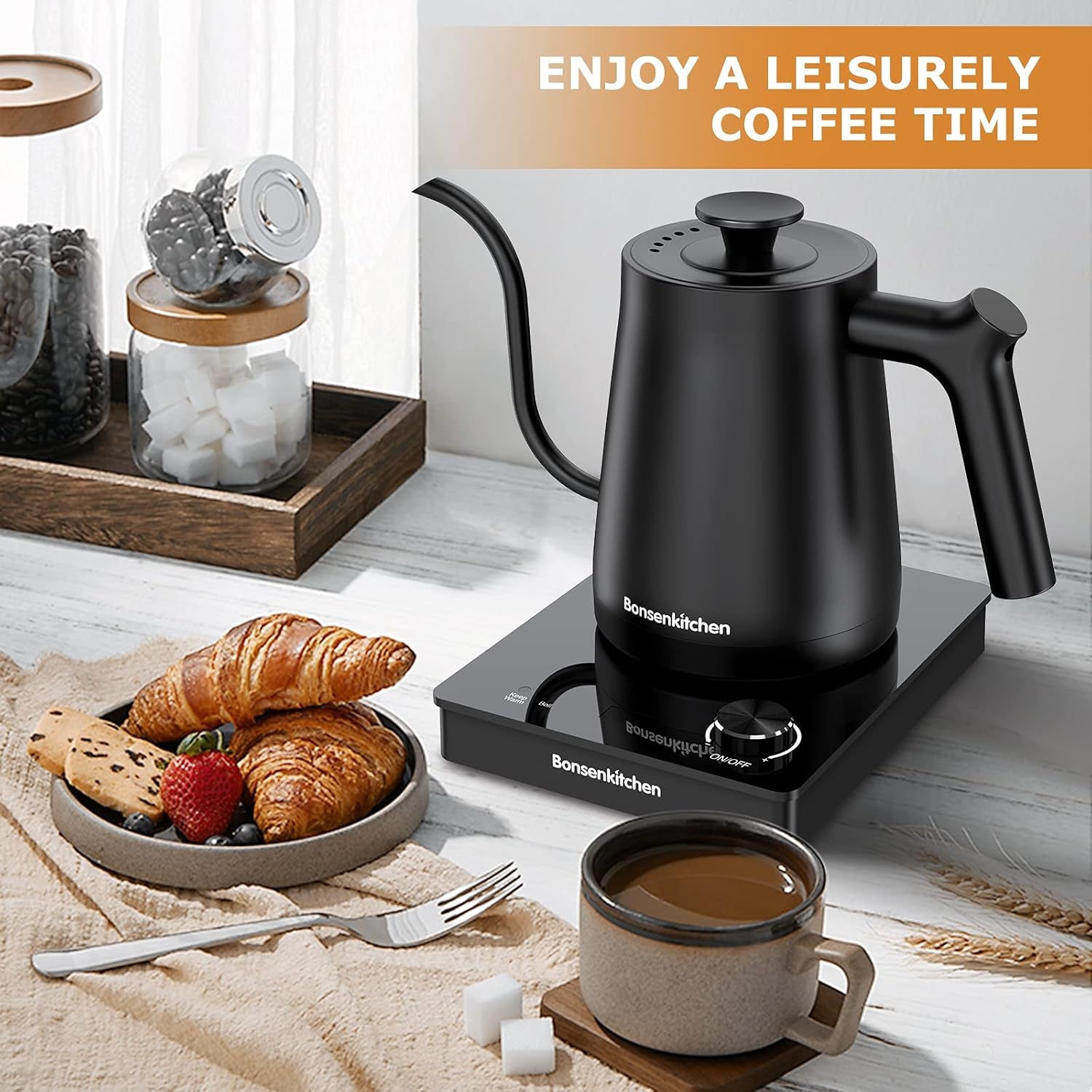 Electric Pour-Over Kettle for Coffee and Tea, Matte Black with Anti-Dry Burning Function Kettle, Knob Operation, Variable Temperature Control, 1300 Watt Quick Heating