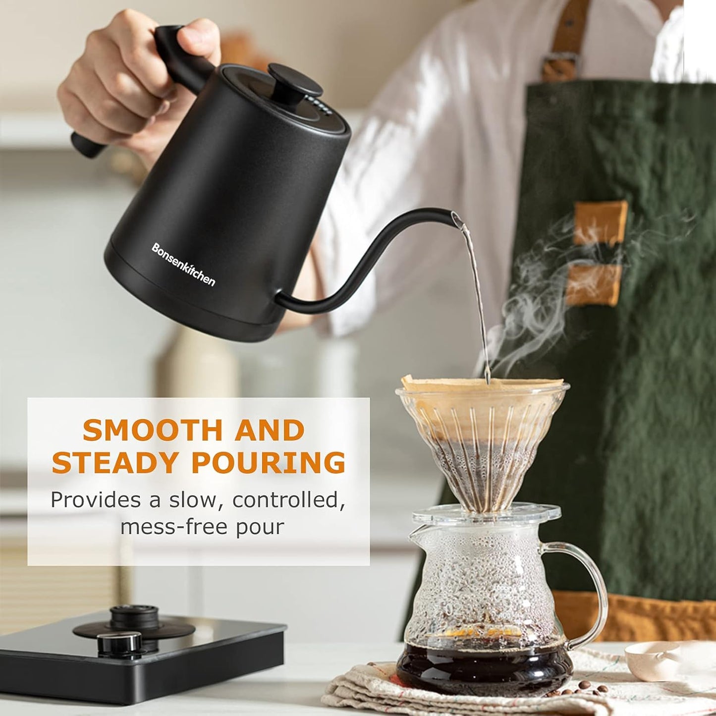 Electric Pour-Over Kettle for Coffee and Tea, Matte Black with Anti-Dry Burning Function Kettle, Knob Operation, Variable Temperature Control, 1300 Watt Quick Heating