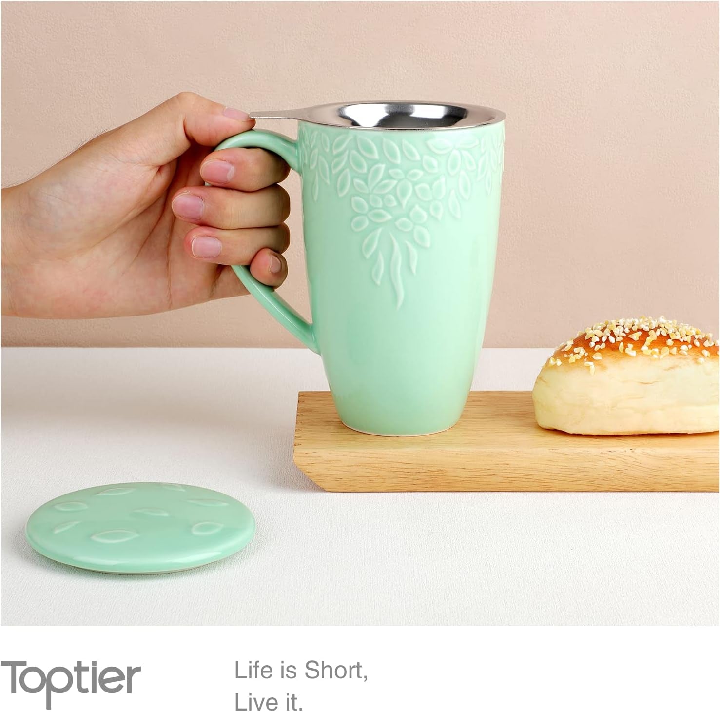 Tea Cups with Infuser and Lid, 16 Ounces Large Tea Infuser Mug, Porcelain Tea Strainer Cup with Tea Bag Holder for Loose Tea, Ceramic Tea Steeping Mug, Light Green Leaf