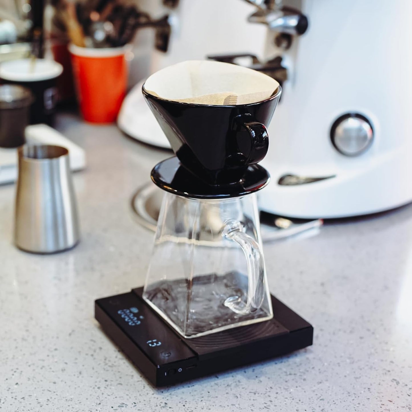 Pour over Coffee Dripper Set by  with Heat-Resistance Black Cone Ceramic Dripper, Glass Square Carafe, 30PCS #2 Paper Filters 9917-C001-062