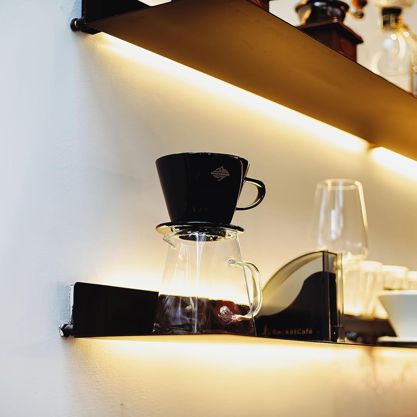 Pour over Coffee Dripper Set by  with Heat-Resistance Black Cone Ceramic Dripper, Glass Square Carafe, 30PCS #2 Paper Filters 9917-C001-062