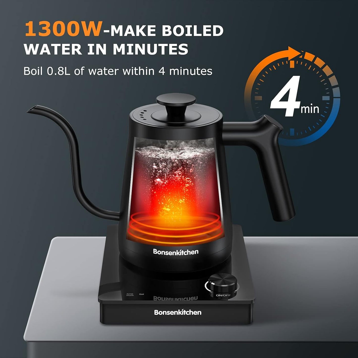 Electric Pour-Over Kettle for Coffee and Tea, Matte Black with Anti-Dry Burning Function Kettle, Knob Operation, Variable Temperature Control, 1300 Watt Quick Heating