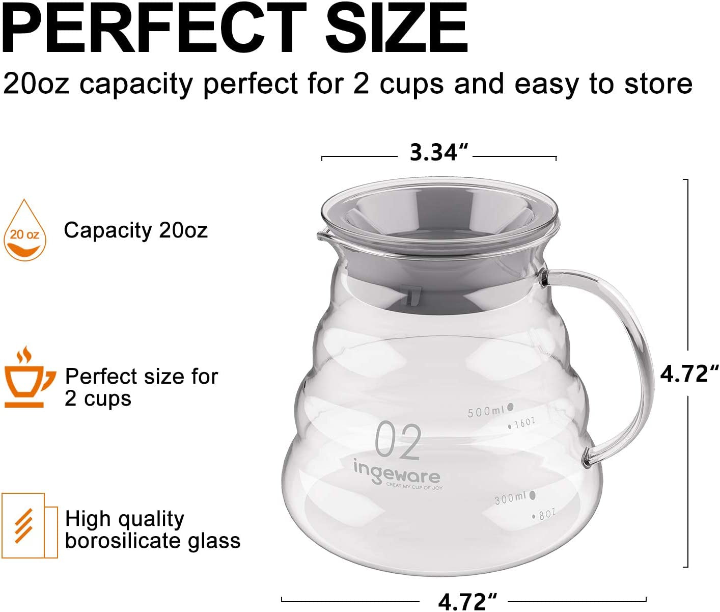 Glass Coffee Carafe, 600Ml Pour over Glass Coffee Server Coffee Pot Maker Clear Pour over Carafe 20Oz Capacity