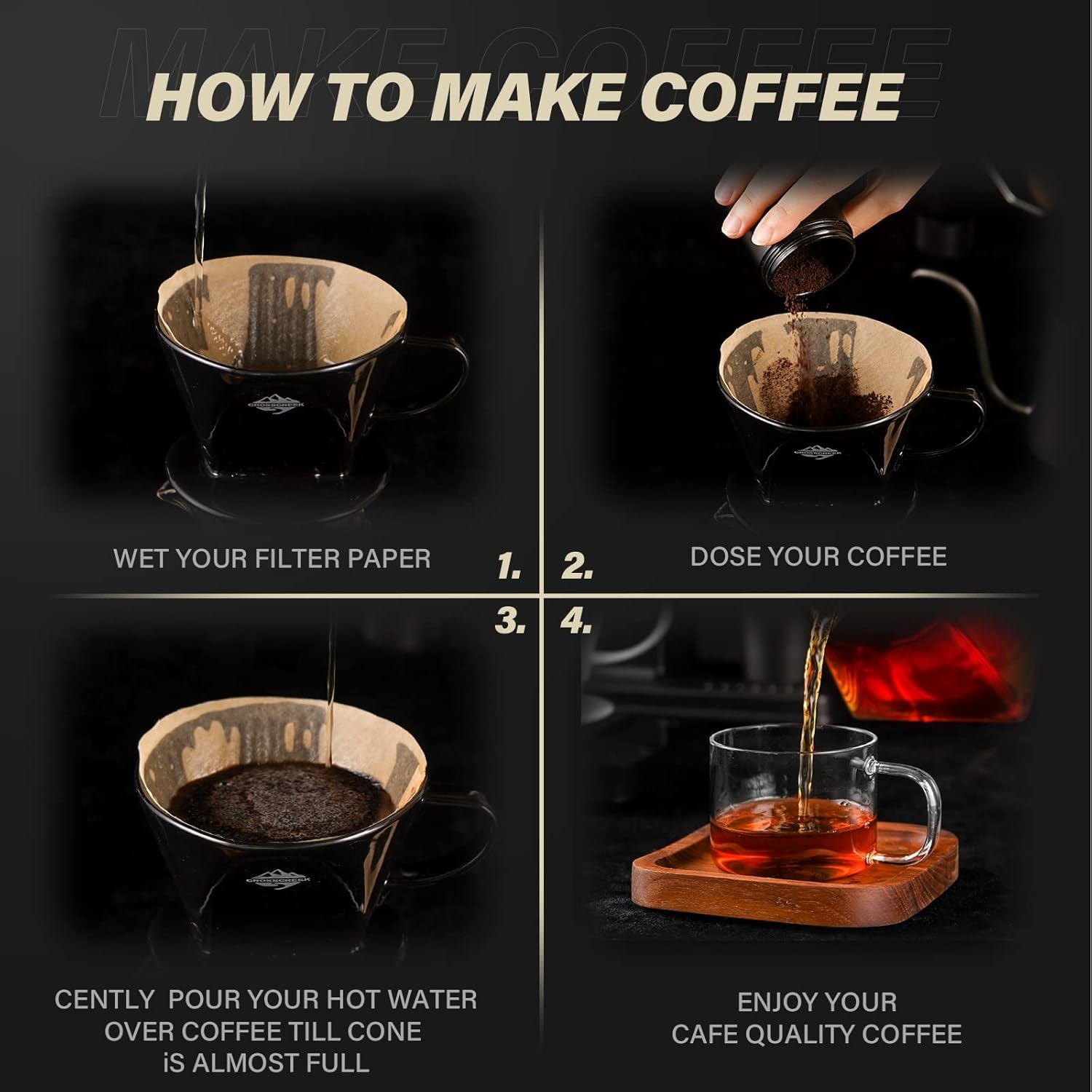 Pour over Coffee Dripper Set by  with Heat-Resistance Black Cone Ceramic Dripper, Glass Square Carafe, 30PCS #2 Paper Filters 9917-C001-062