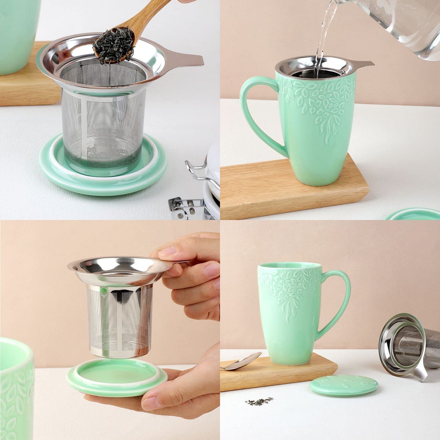 Tea Cups with Infuser and Lid, 16 Ounces Large Tea Infuser Mug, Porcelain Tea Strainer Cup with Tea Bag Holder for Loose Tea, Ceramic Tea Steeping Mug, Light Green Leaf