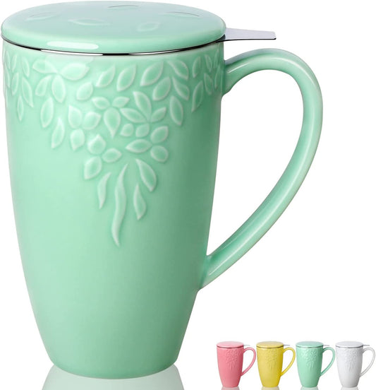 Tea Cups with Infuser and Lid, 16 Ounces Large Tea Infuser Mug, Porcelain Tea Strainer Cup with Tea Bag Holder for Loose Tea, Ceramic Tea Steeping Mug, Light Green Leaf