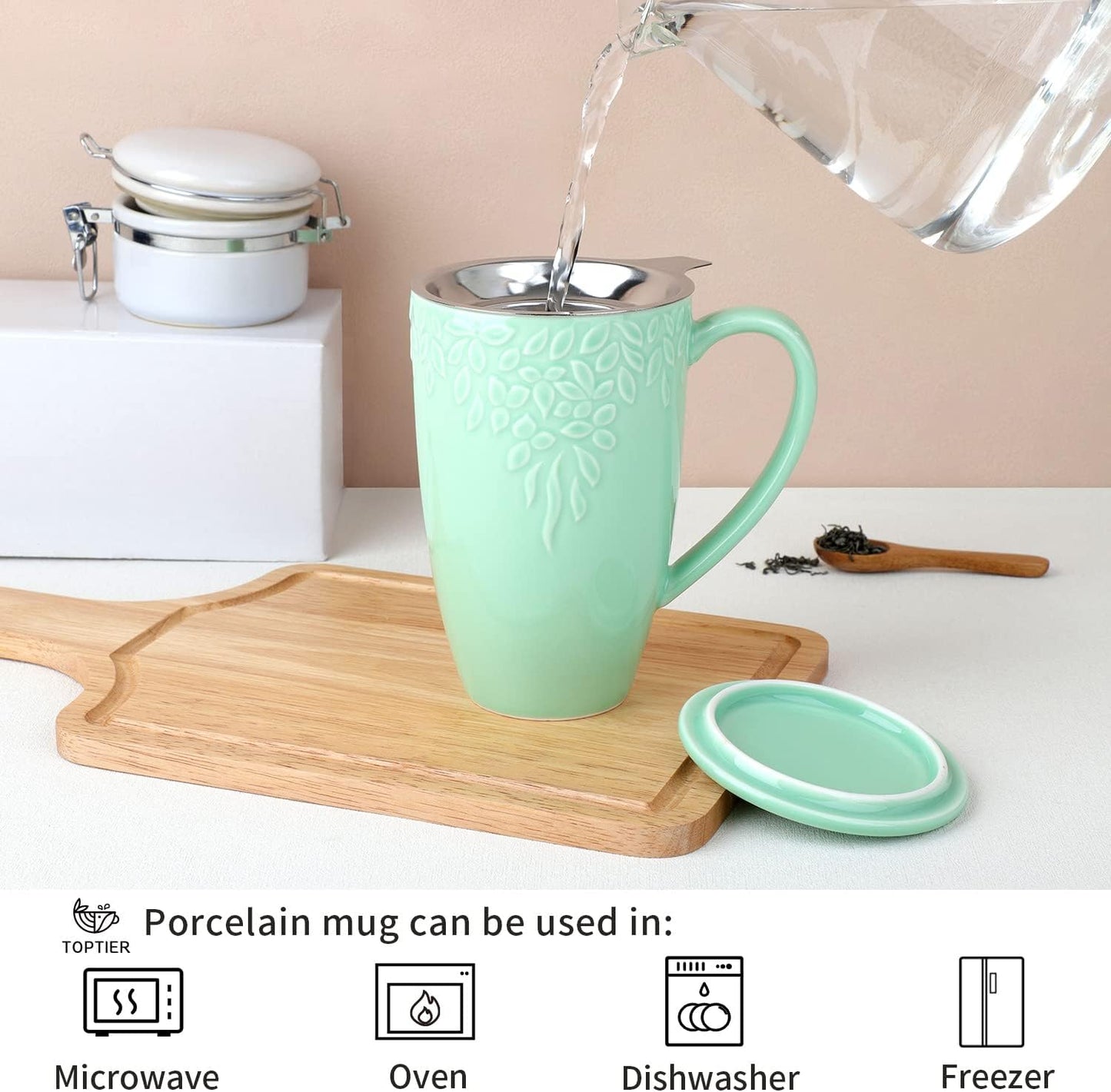 Tea Cups with Infuser and Lid, 16 Ounces Large Tea Infuser Mug, Porcelain Tea Strainer Cup with Tea Bag Holder for Loose Tea, Ceramic Tea Steeping Mug, Light Green Leaf