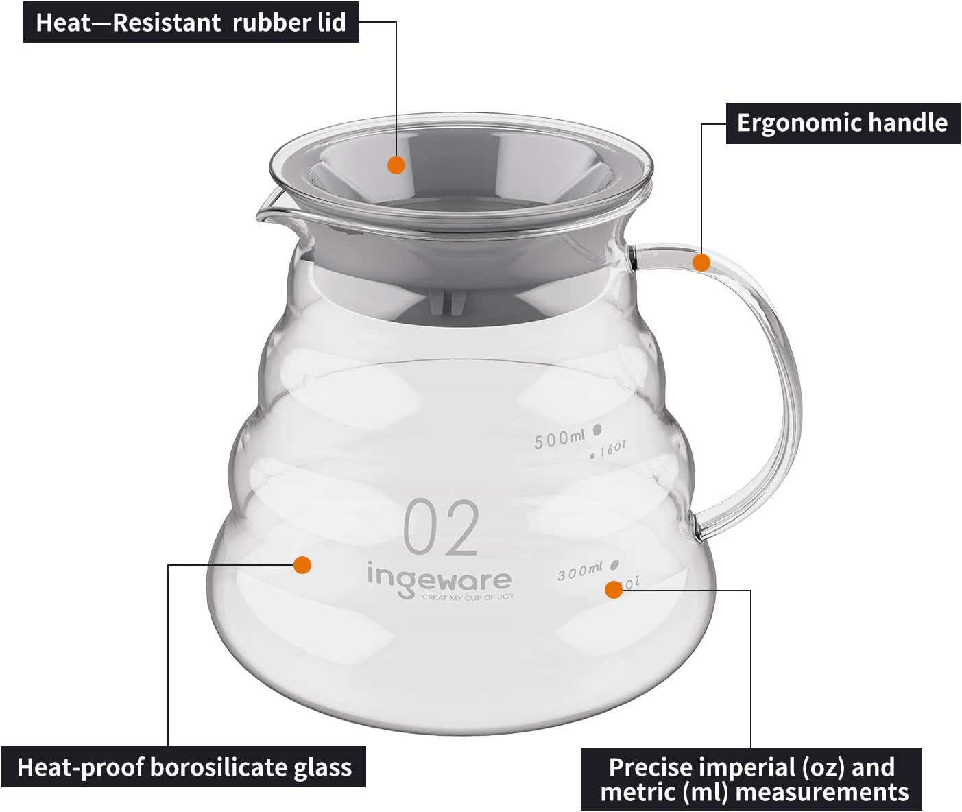 Glass Coffee Carafe, 600Ml Pour over Glass Coffee Server Coffee Pot Maker Clear Pour over Carafe 20Oz Capacity