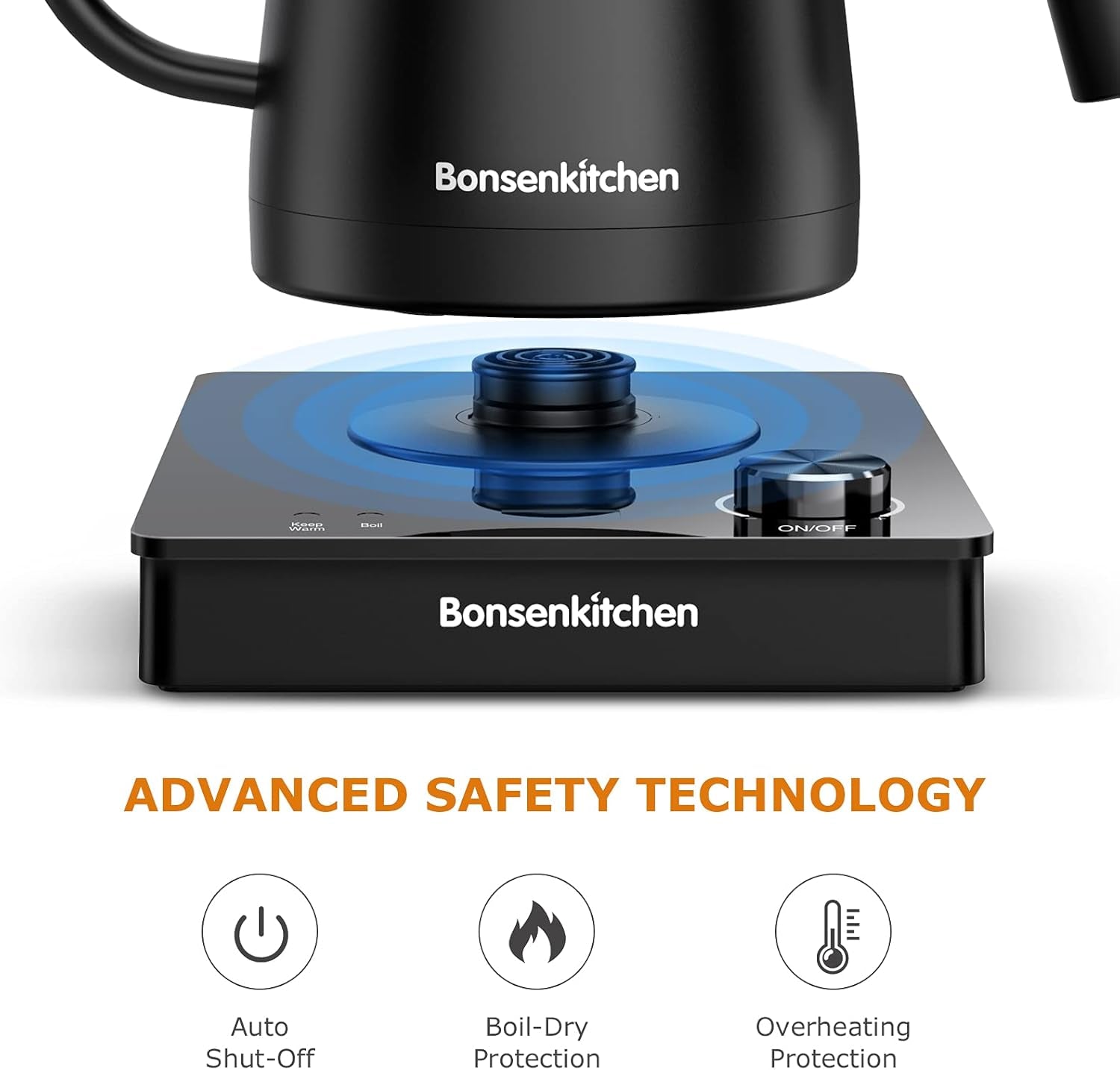 Electric Pour-Over Kettle for Coffee and Tea, Matte Black with Anti-Dry Burning Function Kettle, Knob Operation, Variable Temperature Control, 1300 Watt Quick Heating